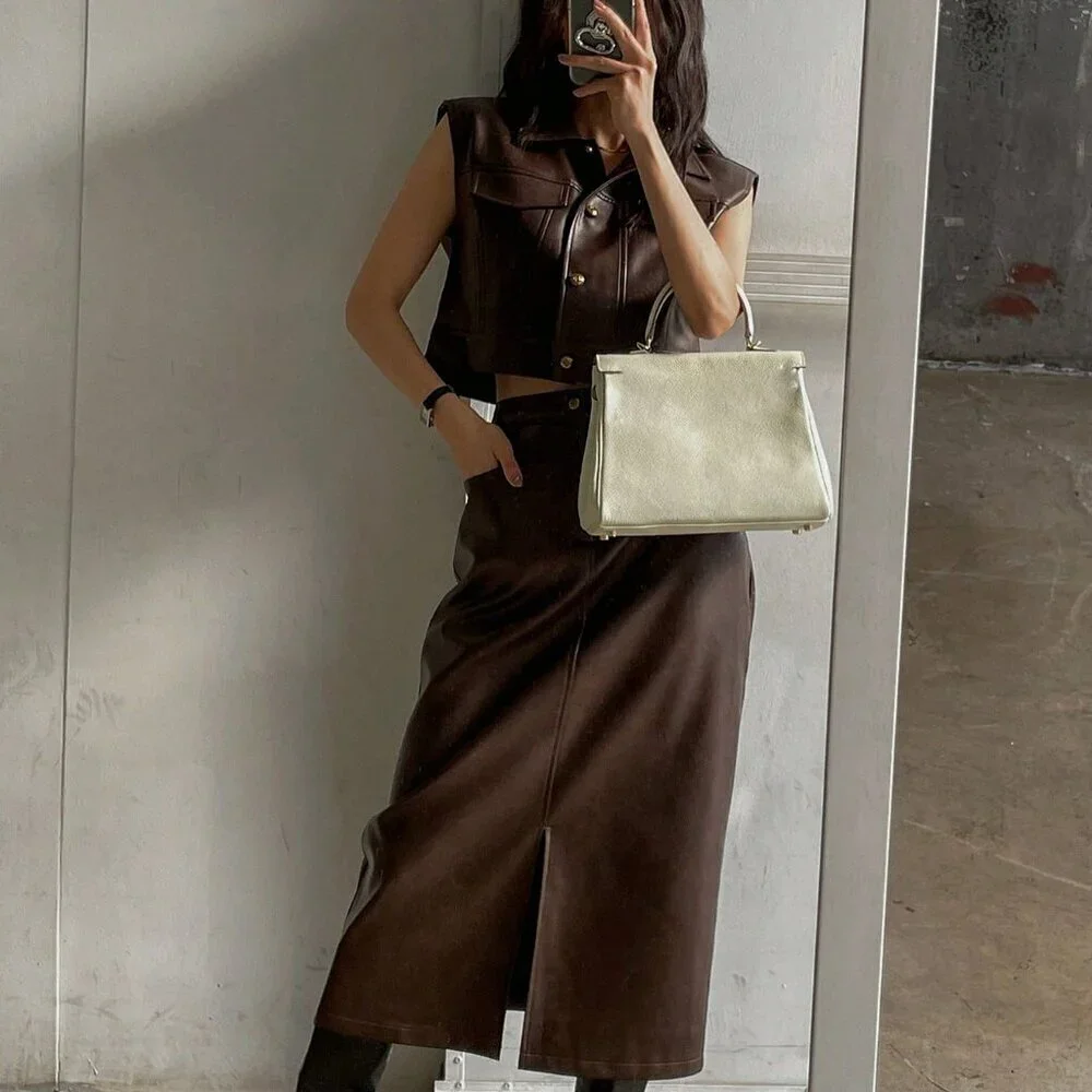 Brown Womens faux leather Sleeveless Jacket Vest & Split Hem Straigt skirt
